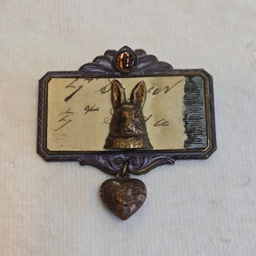 Vintage Rabbit Heart Charm Brooch - Brass-tone & Cream Easter Bunny